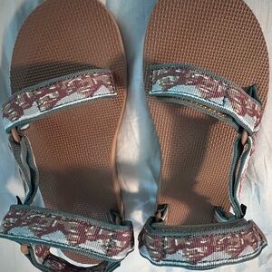 Teva Brown Footbed Sandals with Teal and Maroon Patterned Straps